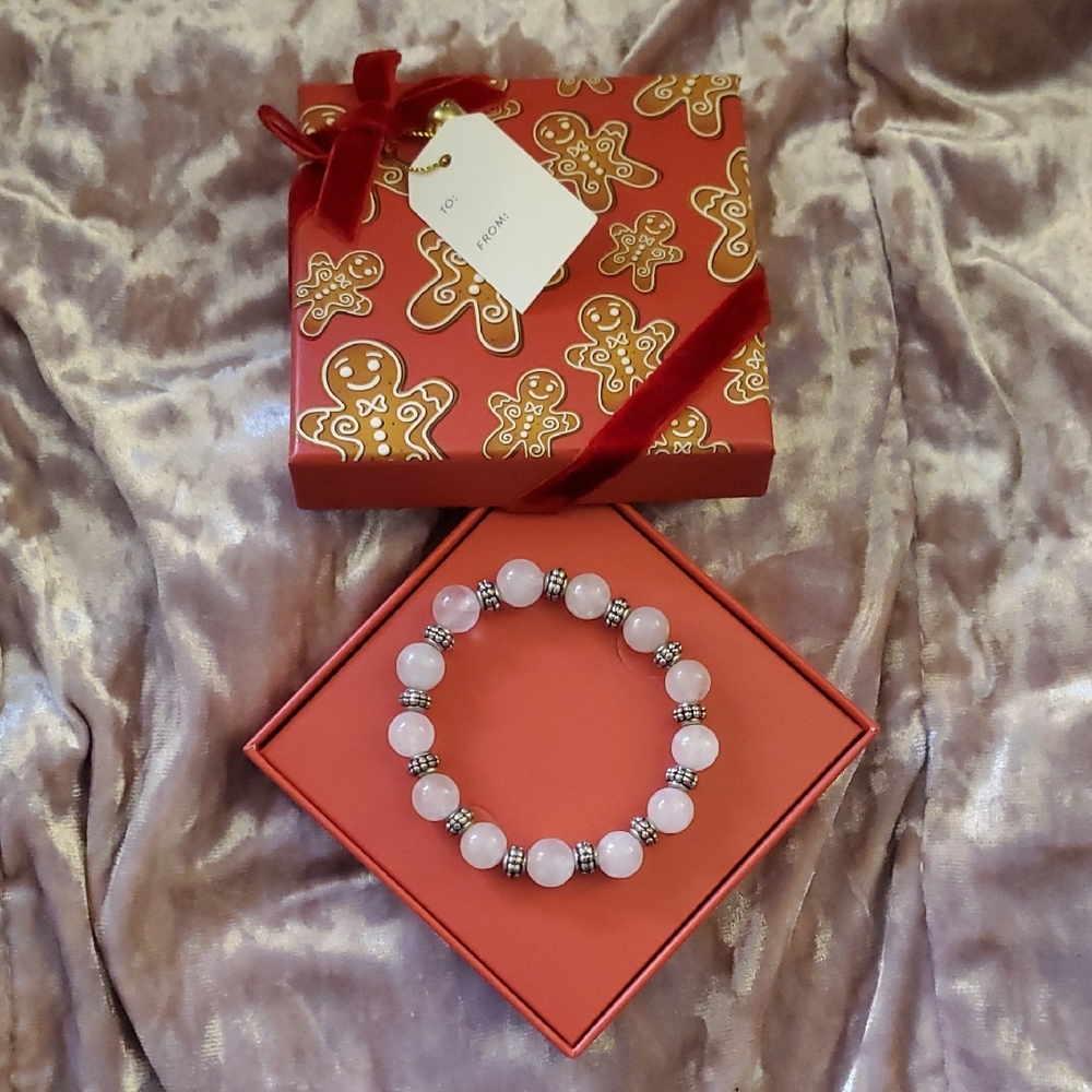 Rose Quartz Silver Bead Handmade Healing Crystal Bracelet Christmas Gift In Box